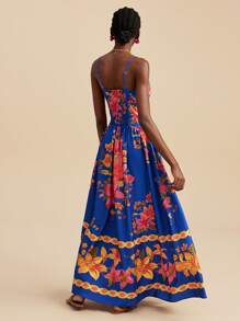 Travachic 女士 V 领印花连衣裙，夏季度假装 - 藏蓝色 - 查看 2