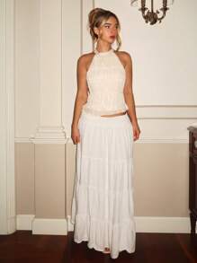 Glamine Charm 纹理雪纺女式露背衬衫，夏季春季海滩度假乡村自然波西米亚风优雅 - 杏色 - 查看 2