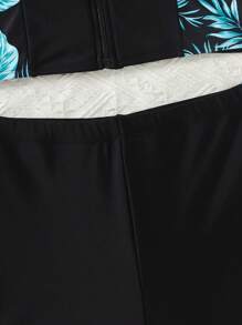 SHEIN 少女黑色拉链插肩袖热带植物印花上衣短裤泳衣套装，沙滩装泳衣夏季，冲浪