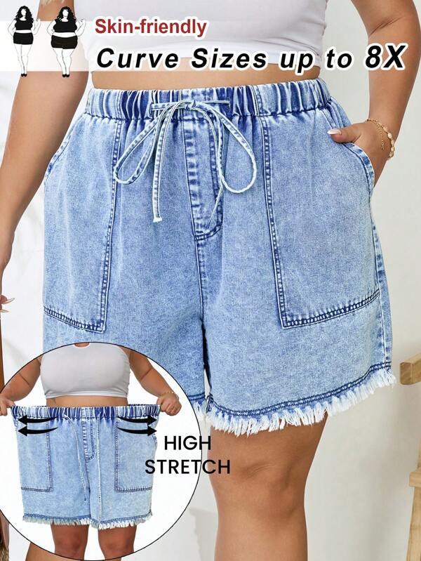 SHEIN CURVE+ Plus Size Women Drawstring Waist Fringe Detail Big Pocket Denim Shorts