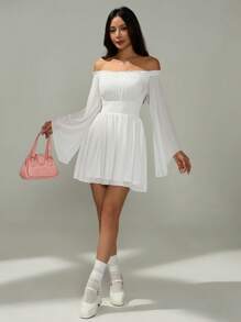 SHEIN PETITE 女士度假纯色露肩喇叭袖收腰迷你连衣裙 - 白色 - 查看 3