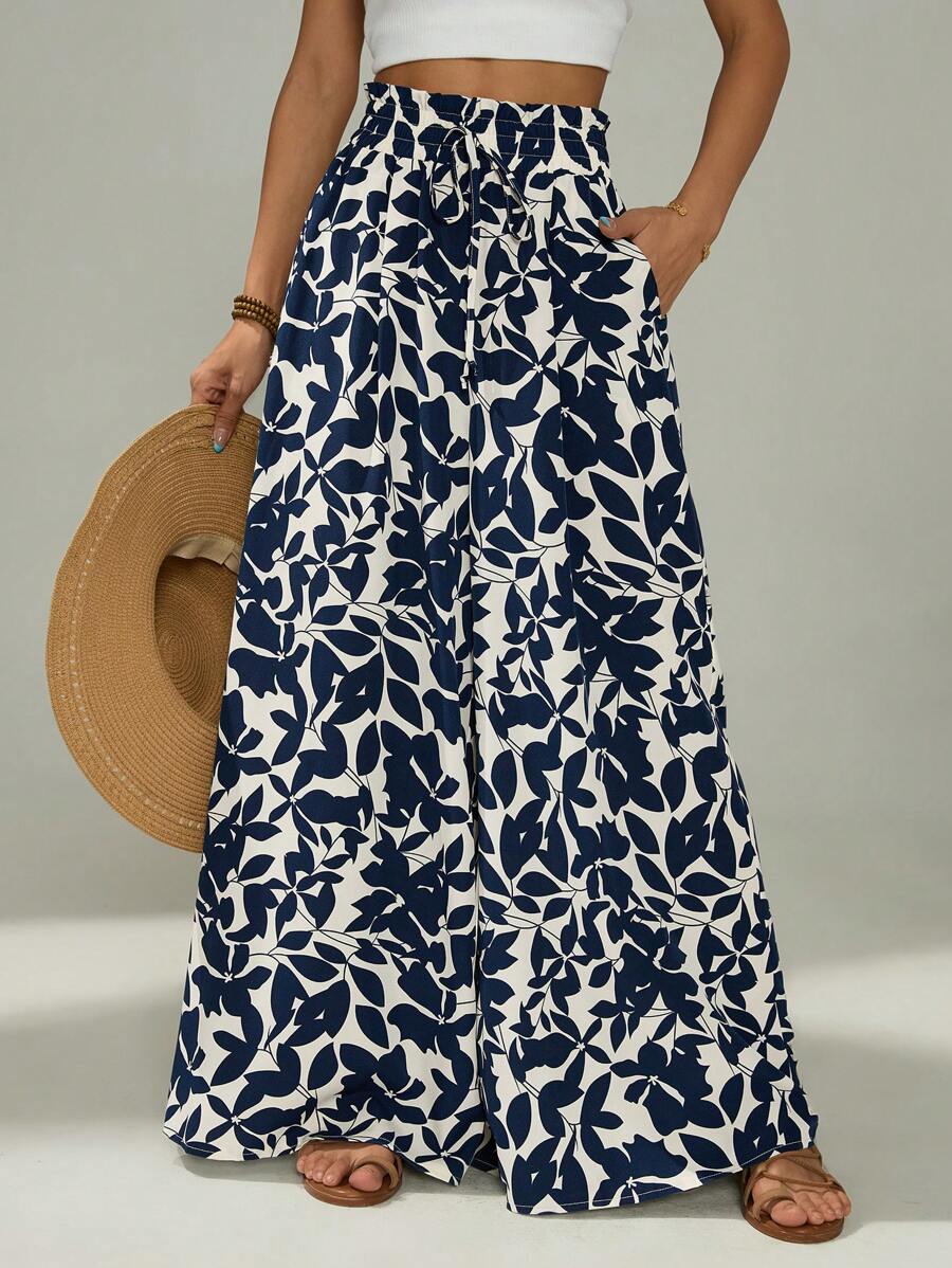 SHEIN PETITE 女式高腰口袋褶皱阔腿度假植物印花裤 - 藍白色 - 查看 1