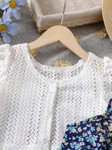 SHEIN Vintaside Kids 2pcs/Set Young Girl Summer Vacation Casual Solid Color Puff Sleeve Top And Ditsy Floral Strap Dress