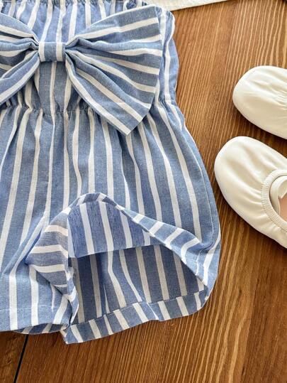 SHEIN LMoss Kids Babygirl Cute Casual Summer Blue & White Striped Bow Decor Spaghetti Strap Romper