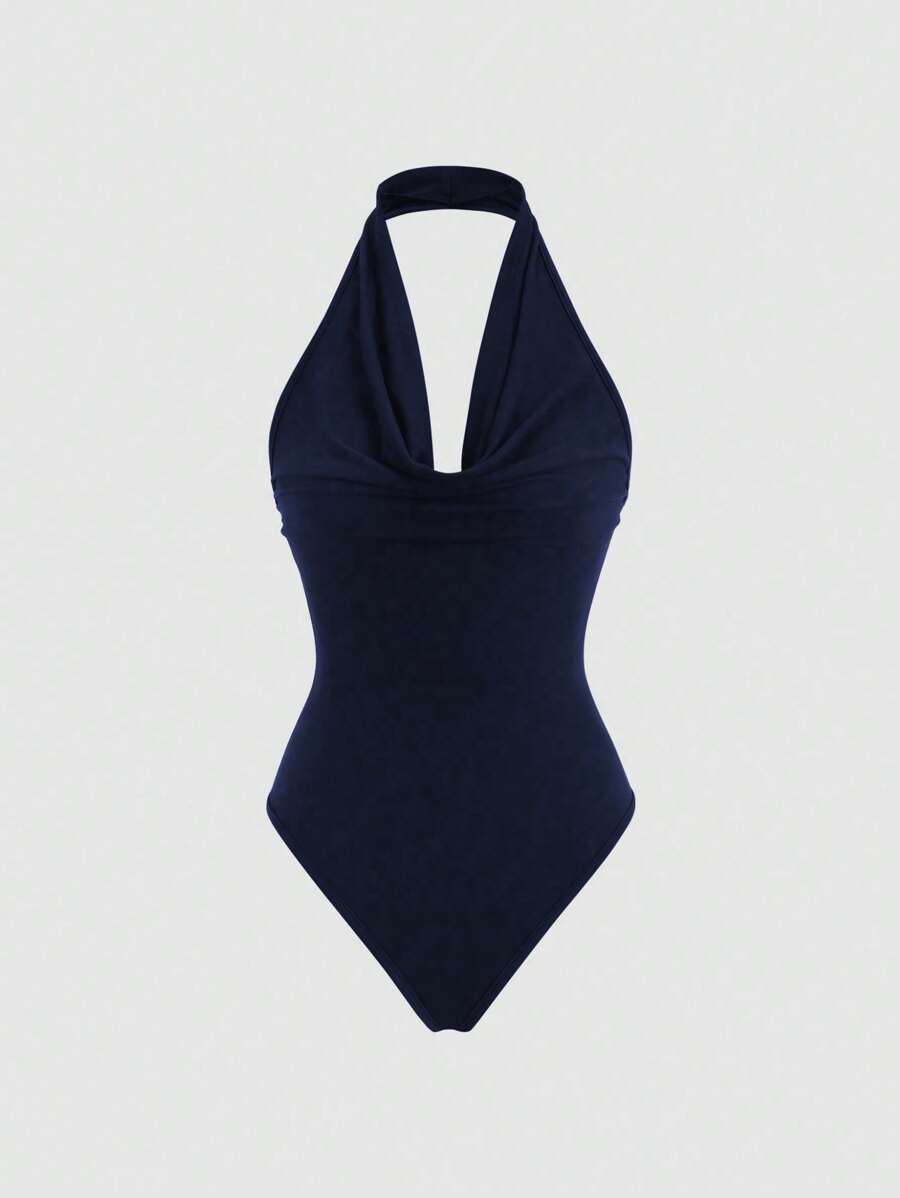 Sweetra 女士休闲垂坠领紧身衣 - 藏蓝色 - 查看 1