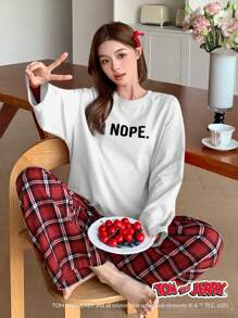 TOM AND JERRY X DAZY Letter Graphic Print Loose Long Sleeve Top And Check Pattern Straight Loose Pajama Pants 2pcs Sleepwear Set - White - View 2