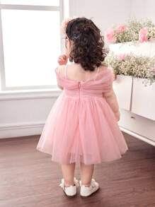 Babygirl 夏季可爱优雅粉色花朵网眼连衣裙 - 黑色 - 查看 2