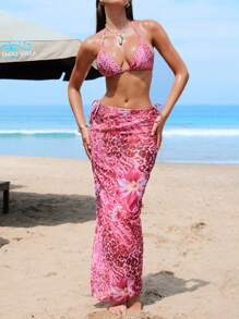 SHEIN Swim Women 3pcs Leopard Printed Halter Tie Bikini Set & Long Chiffon Beach Skirt, Hawaii Outfit For Summer Beach Vacation