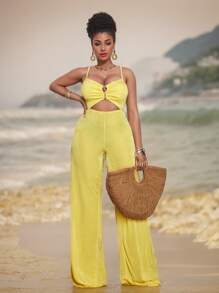 Maweii Plus Size Casual Solid Color Hollow Lace-Up Backless Jumpsuit - Yellow - View 1