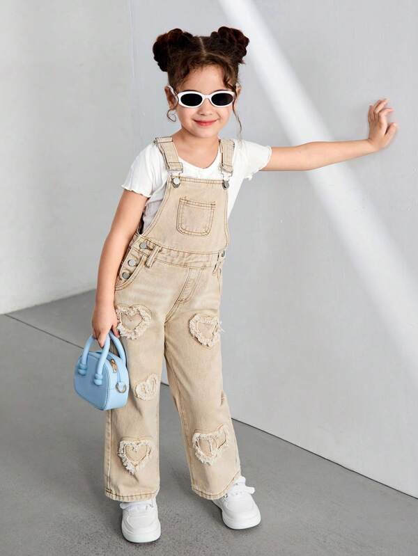 SHEIN Young Girl Loose Heart Strap Wide Leg Denim Jumpsuit