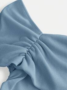 SHEIN Girlism Ribbed Knit One Shoulder Ruched Fitted Casual Solid T-Shirt For Teen Girl - Dusty Blue - View 3