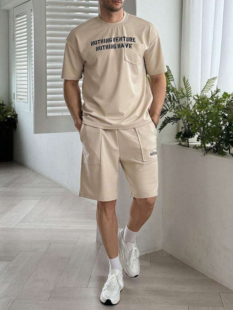 Casual Men's Letter Print Beige T-Shirt Set, Summer