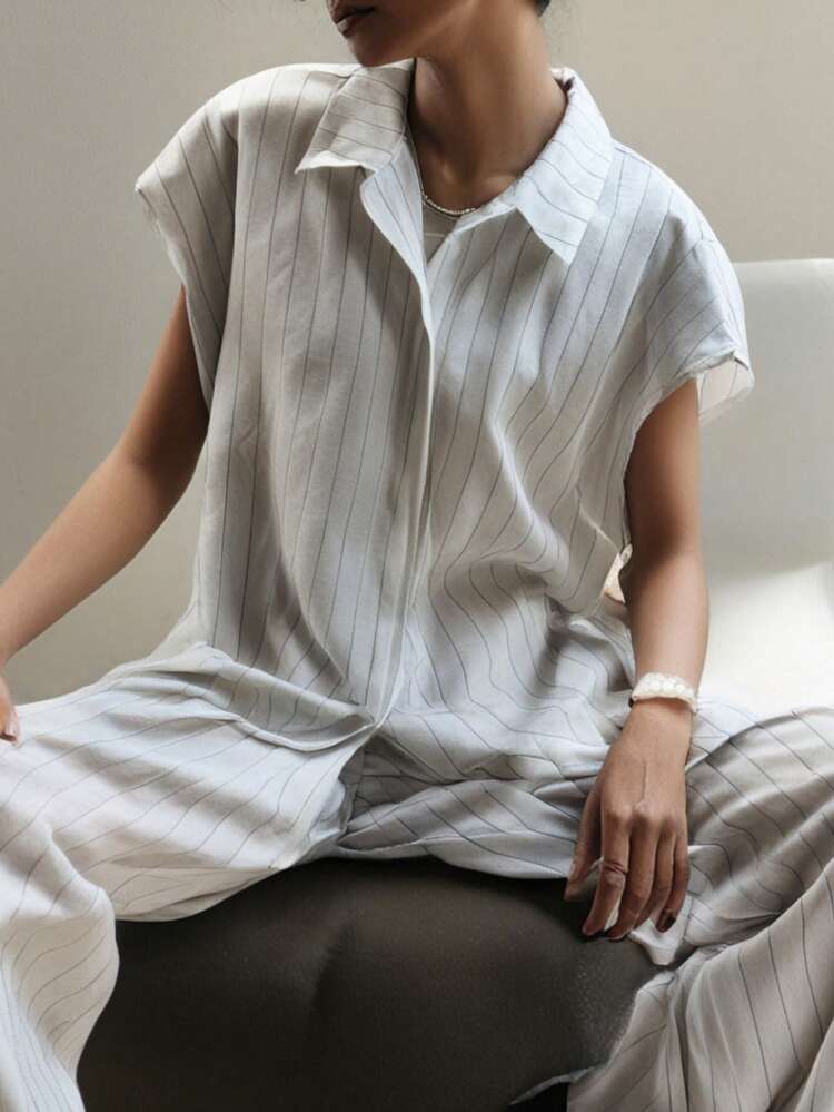 2pcs Women Striped Loose Fitting Shirt And Pants Set