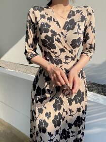 DAZY V领优雅碎花连衣裙，女士优雅吊带长裙 - 米色 - 查看 8