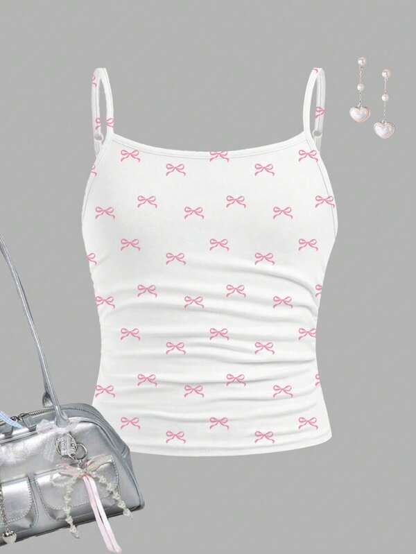 SHEIN Girlism Mini Bowknot Ballerina Style Tank Top, Fitted Casual Sporty Camisole For Tween Girls