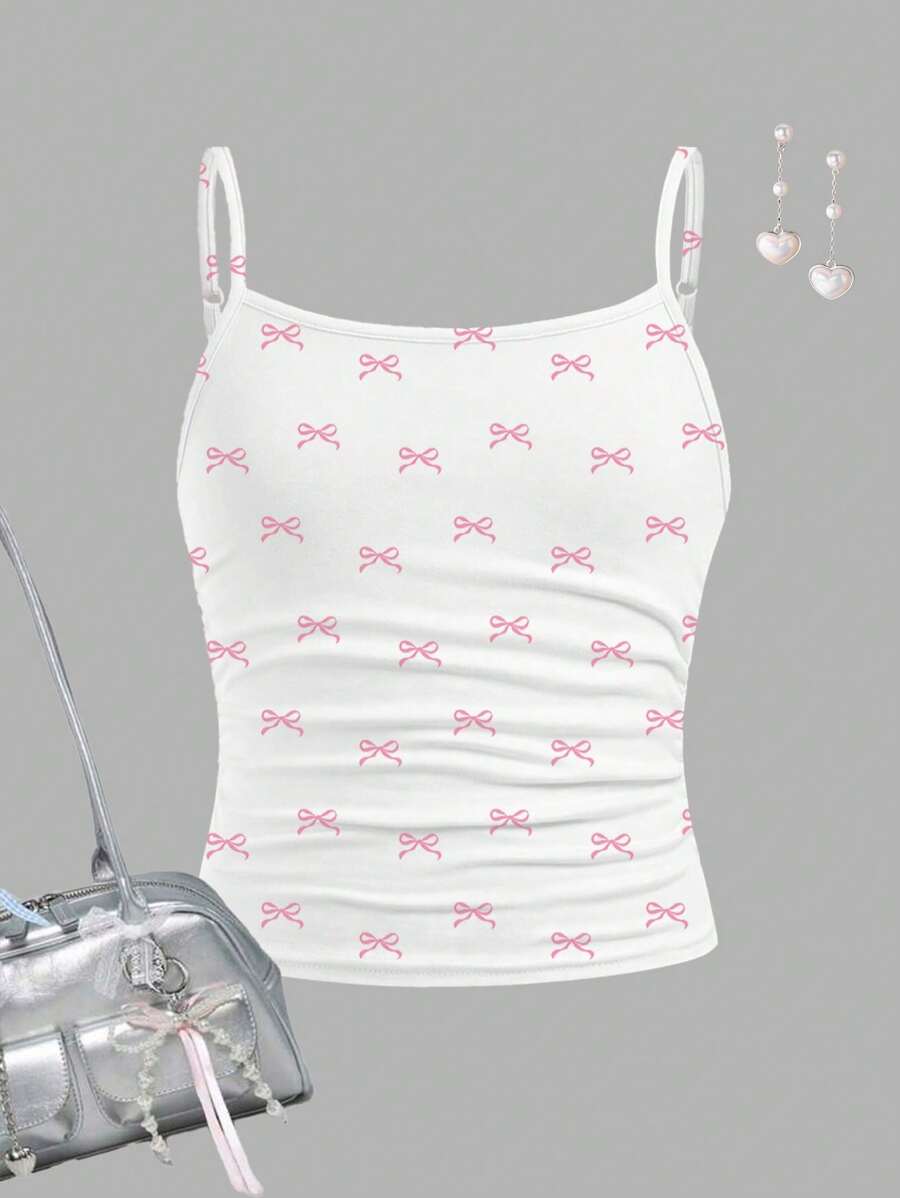 SHEIN Girlism 迷你蝴蝶结芭蕾舞者风格背心，适合青少年女孩的合身休闲运动背心 - 彩色 - 查看 1