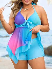 Swim Lushoire 2pcs Plus Size Women Tie-Dye Tie Dye Print Tankini Swimwear Set, Front Double-Layer Mesh, Suitable For Beach & Resort For Summer Beach Vacation - Baby Blue - View 3