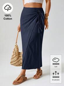 Freevana Váy midi dài vừa phải có khoen chữ O trang trí cho nữ cỡ lớn, phong cách phương Tây Boho Bohemian thập niên 90, mùa hè, kín đáo, vừa vặn với Ibiza, váy dự tiệc mùa xuân Old Money - Màu xanh hải quân - Xem 1