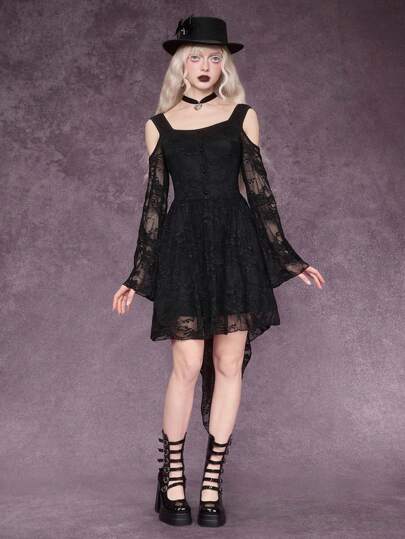 Goth Vestido midi negro con botones, bordados florales y volantes de encaje en estilo gótico para mujeres