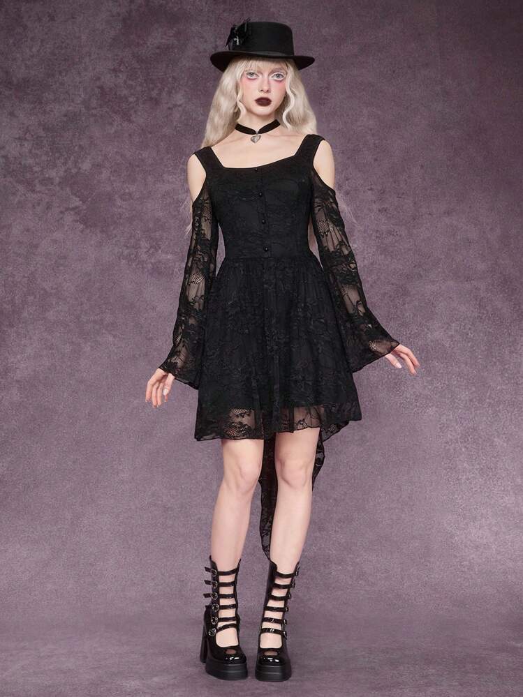 ROMWE Goth 女式哥特式刺绣花卉蕾丝纽扣和荷叶边黑色中长连衣裙 - 黑色 - 查看 1