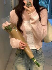 DAZY 宽松简约轻薄女士开衫，青春气息，重返校园服装 - 粉色 - 查看 9