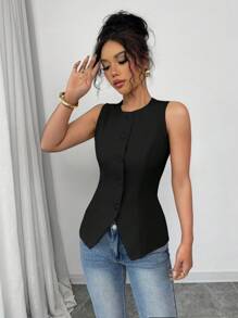 Selianne Old Money Style Solid Color Sleeveless Vest - Classic Front Opening Design, Simple And Versatile Commuting Casual Outerwear - Black - View 7