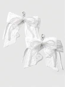 ROMWE Kawaii 2 件/套 韩式简约精致白色仿珍珠串珠蕾丝蝴蝶结鞋饰夹，时尚配饰，适合女性日常穿着和礼物
