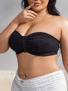 SHEIN Áo ngực không dây ren lãng mạn cỡ lớn cho nữ có nút cài phía trước - màu đen - Xem 4