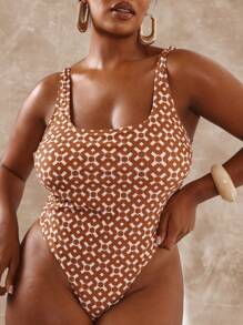 MUSERA Plus Size Square Neck Thick Strap Printed Elegant Sexy Cute One-Piece Swimsuit For Spring Summer Vacation Ibiza Beach Swimwear - Chocolate Brown - View 5