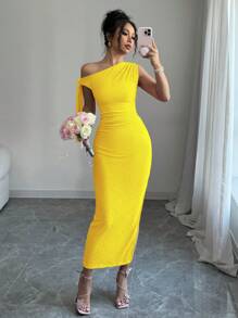 Rafferiza Vestito lungo elegante da donna Rafferiza, da indossare per matrimoni, feste, compleanni, vacanze, San Valentino, in tessuto lavorato a maglia ad alta elasticità, modello slim fit, sexy e carino, con spalla obliqua, plissettatura e spacco, colore giallo brillante