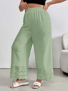 SHEIN Essnce Plus Size Women's Clothing Summer Clothes Summer Tops Fashion Casual Commuting Elegant Work Splicing Lace Linen Pants Petite Dress Pants White Wide Leg Women Pants - Mint Green - View 4