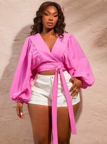 SHEIN SXY Plus Size Women's Plus Size Lantern Sleeve Shirt Dress, Linen-Like Fabric, Kimono Style Tie-Front Design, Suitable For Everyday Wear, Music Festival, Concert, Carnival Party, Beach Vacation, Date Night, Birthday, Bachelorette Party, Club, Cute, Casual, Shopping, Streetwear, Going Out, Accent Your Body, Flatter The Figure - Pink - View 4