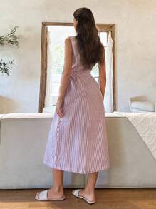 Cloudara Vestito lungo da donna a righe con bottoni davanti, vita in vita, abbigliamento da spiaggia per vacanze