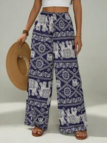 SHEIN PETITE Elephant Print Wide-Leg Pants Are Suitable For Vacation And Beach Dates,Bohemia - Navy Blue - View 7