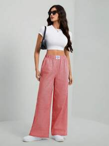 SHEIN Tall Women's Red Vertical Striped Casual Long Pants With Pockets: Semi-Sheer Woven Fabric For A Stylish, Breezy Look - Red - View 7