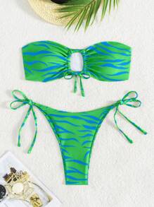 Swim Vcay 夏日度假海滩斑马纹抹胸比基尼套装，随机印花