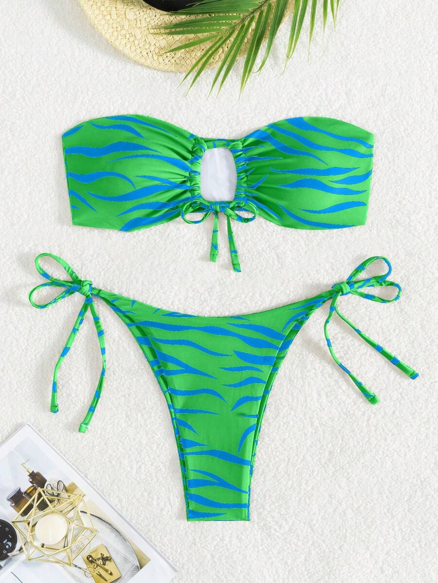 Swim Vcay 夏日度假海滩斑马纹抹胸比基尼套装，随机印花