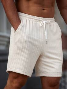 Manfinity RSRT Manfinity Nomadique Men Drawstring Waist Slant Pocket Shorts Baggy Board Linen Cool Plain Khaki Vacation Boho - Apricot - View 8