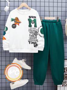SHEIN Tween Boys' Casual Letter Print Round Neck Sweatshirt And Solid Color Thermal Lined Jogger Pants 2 Pieces Set, Thickened
