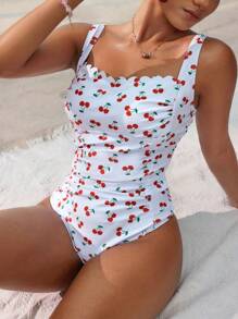 Swim Mod 女士樱桃印花弧形下摆休闲连体泳衣 - 彩色 - 查看 5