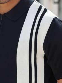 Manfinity Homme Men's Casual Colorblock Striped Metal Zipper Short Sleeve Knit Sweater,New Styles For Spring And Summer 2025, Travel, Holiday And Commuting - Black and White - View 5