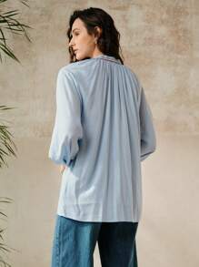 Chiquease Áo sơ mi vải lanh dài tay dáng ôm vừa vặn dành cho nữ có cổ đứng thêu, viền ruy băng tương phản và nút, trang phục thường ngày cho công sở và đường phố - Màu xanh lam - Xem 4