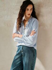 Chiquease Áo sơ mi vải lanh dài tay dáng ôm vừa vặn dành cho nữ có cổ đứng thêu, viền ruy băng tương phản và nút, trang phục thường ngày cho công sở và đường phố - Màu xanh lam - Xem 6