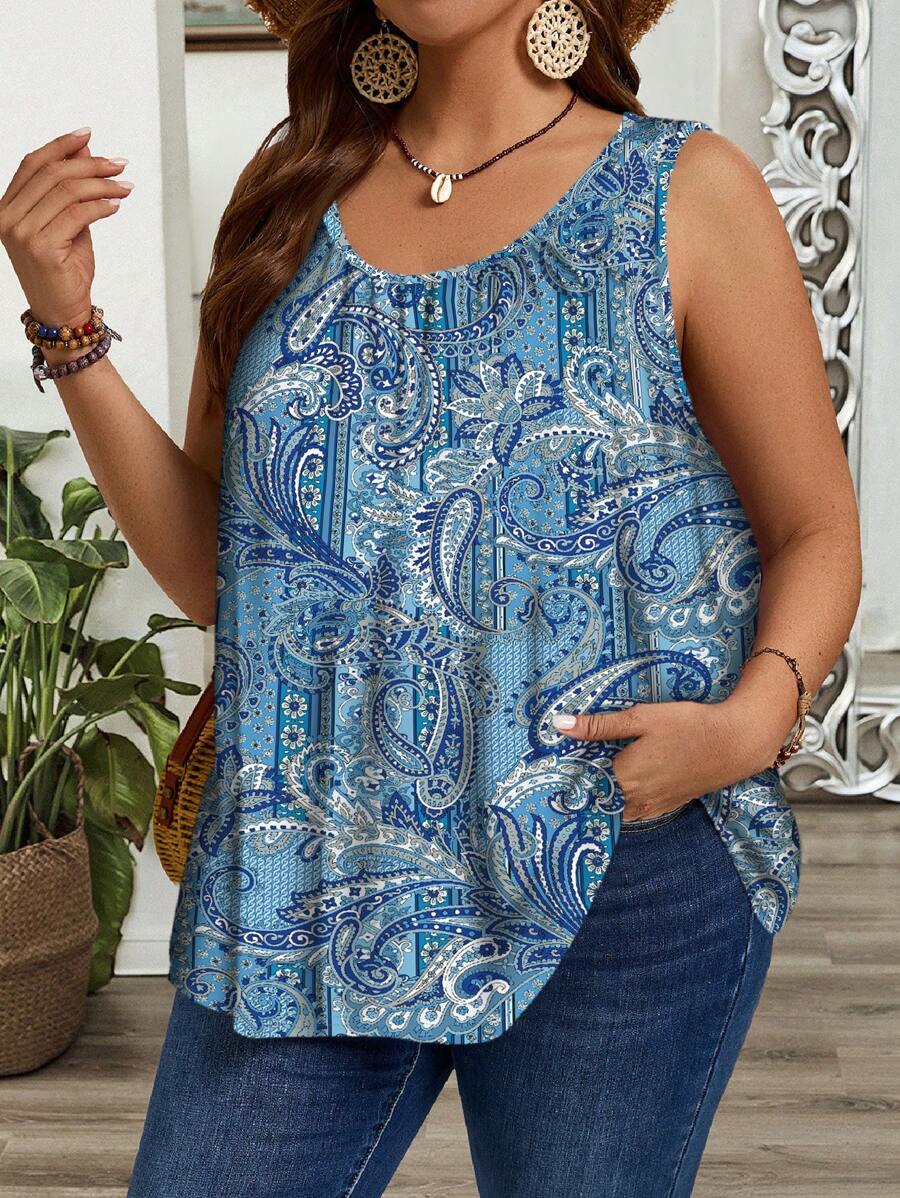 EMERY ROSE 加大码度假花卉图案褶皱宽肩带宽松吊带背心和背心，适合春夏季、西装女士