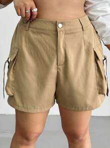 POPSWAY Plus Size Women's Summer Cargo Shorts With Large Pockets, Khaki, Suitable For Outdoor, Commute, Street Wear - Khaki - View 2