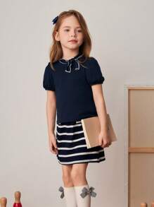 PrepCrw Set aus marineblauem T-Shirt mit Schleifen-Dekor und gestreiftem A-Linien-Rock im Collegestil für Kleine Mädchen, Frühling/Sommer - Verschiedenfarbig - Übersicht 5