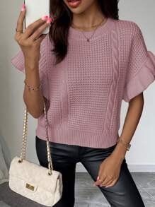 Chiquease Women's Loose Knitted Cable Cable Round Neck Ruffled Sleeve Cardigan Vest - Dusty Pink - View 3