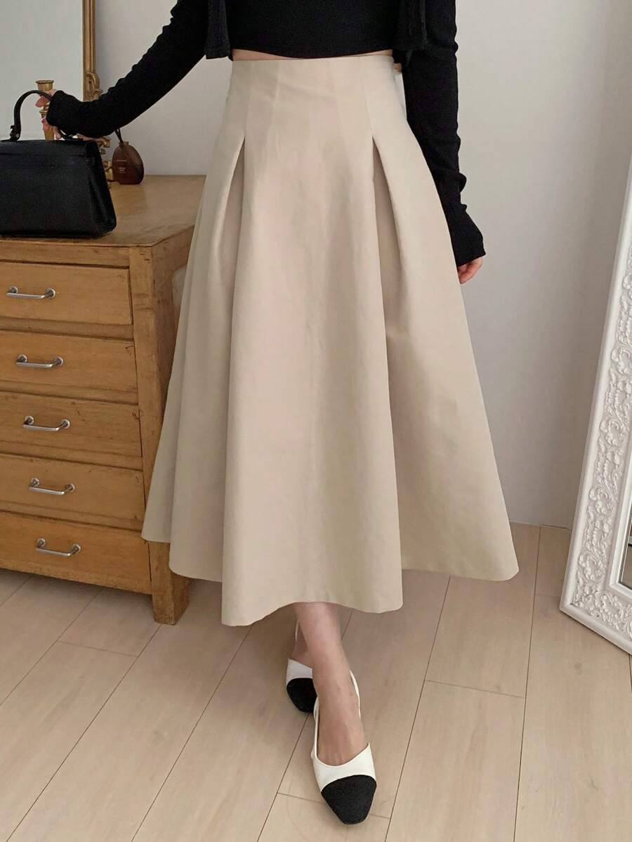 DAZY Women's Elegant Commuter Solid Color Pleated Mid-Length A-Line Skirt Fall Skirts - Pink - View 1