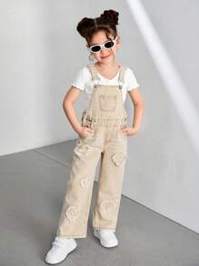 SHEIN 年轻女孩宽松心形吊带阔腿牛仔连体裤