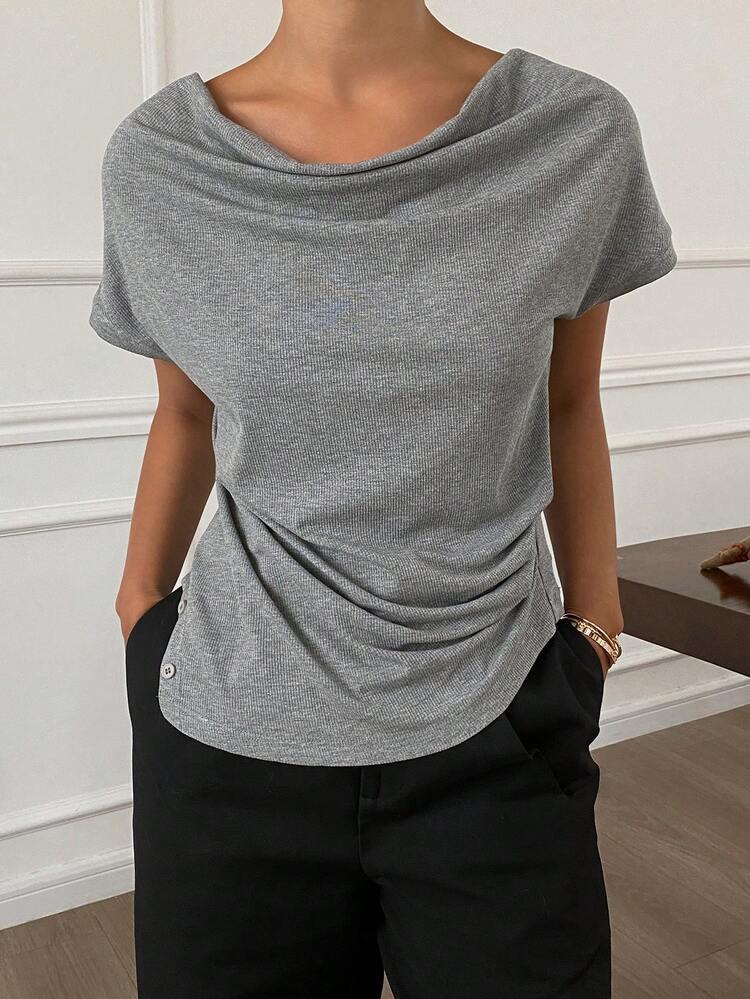 Women Solid Color Casual Short Sleeve Scoop Neck T-Shirt, Summer Top